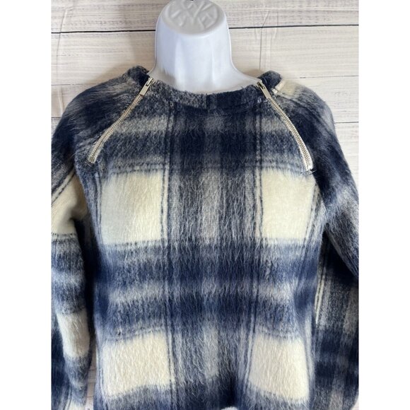 Abercrombie Fitch Soft AF XS Fuzzy Blue Plaid Sweater Zipper Shoulders Preppy - Picture 2 of 11